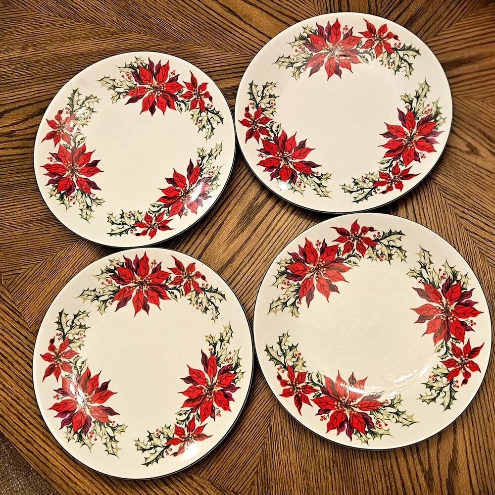 Totally Today Christmas Poinsettia 10" Dinner Plates Set of 4 Holiday Dinnerware